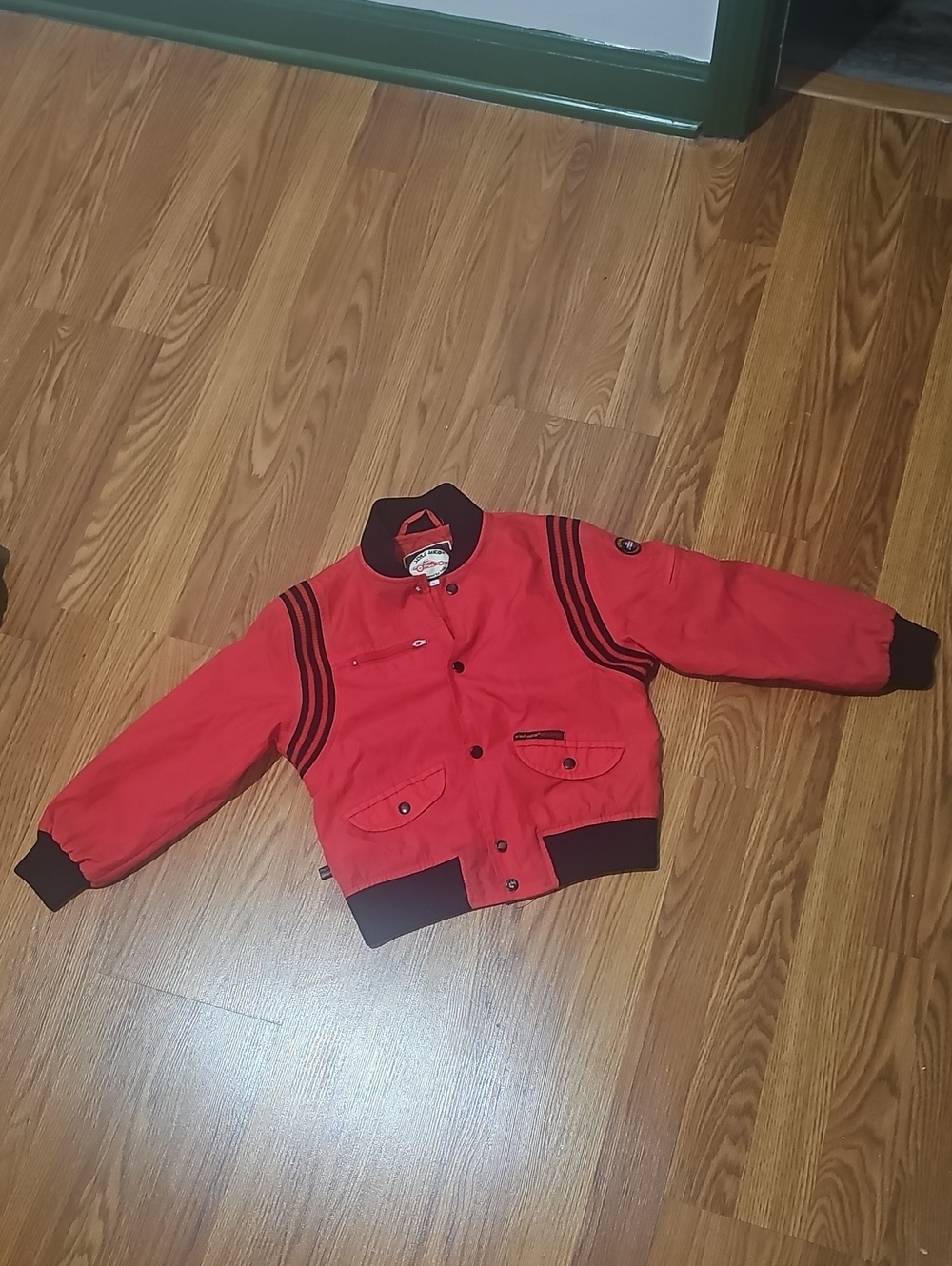 Kids Red Bomber Jacket with Striped Detail